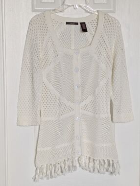 Women's (Medium) Open Knit/Crochet Fringe Button-Front Long Cardigan w/Tassels